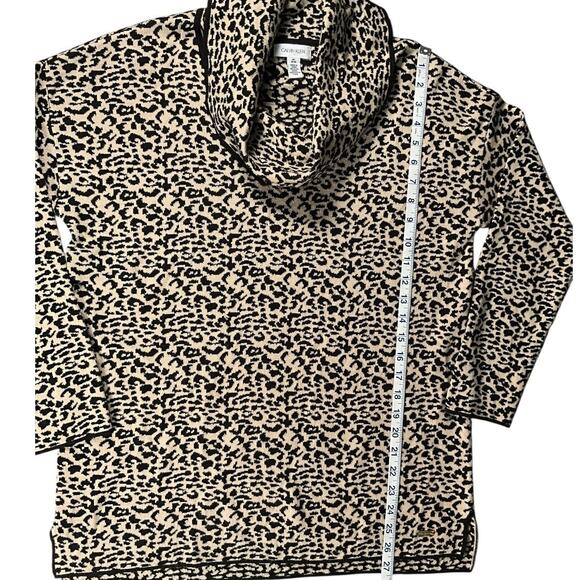 Calvin Klein Cowl Neck Tunic Sweater Medium Black Camel Cheetah Leopard Print - Picture 5 of 10